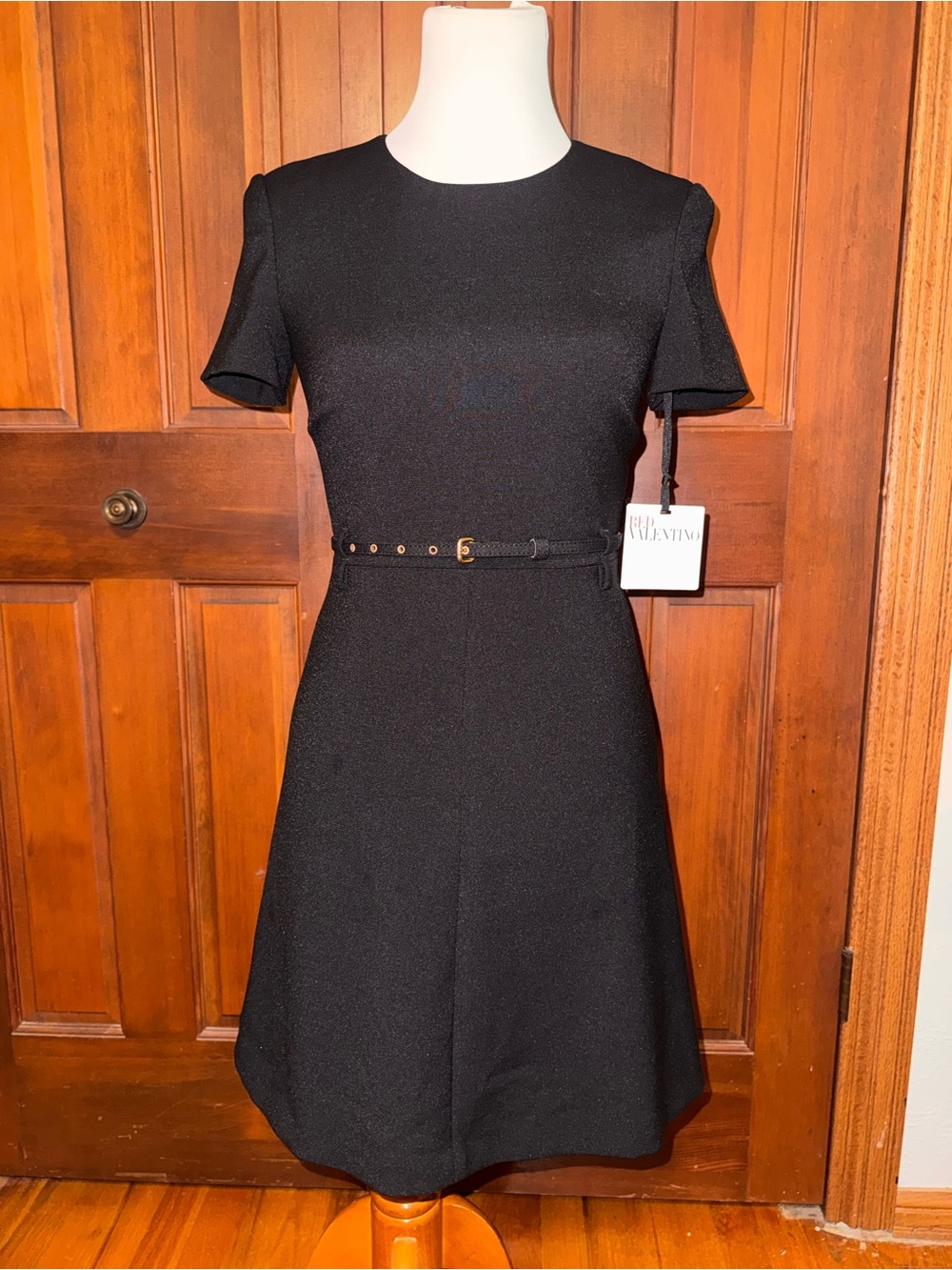 RED Valentino Black Short-Sleeve Fit-and-Flare Dress with Slim Belt